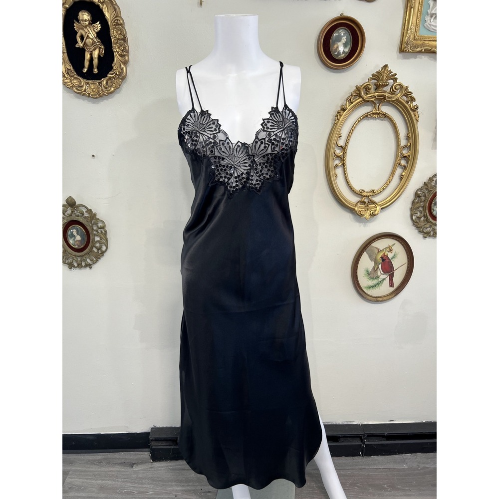 Fantasies by Morgan Taylor Black Satin Sequin Lace Trim Slip Dress Size P